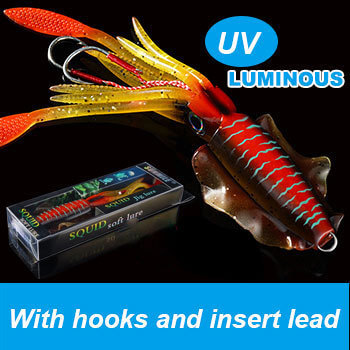 UV luminous bionic squid fishing lure with hooks, designed for deep-sea fishing and enhanced visibility.