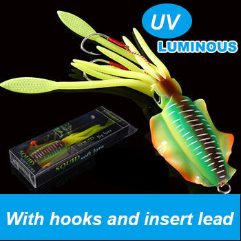 UVluminous Bionic Squid Fishing Lure with hooks, designed for deep-sea fishing and increased visibility in low-light.