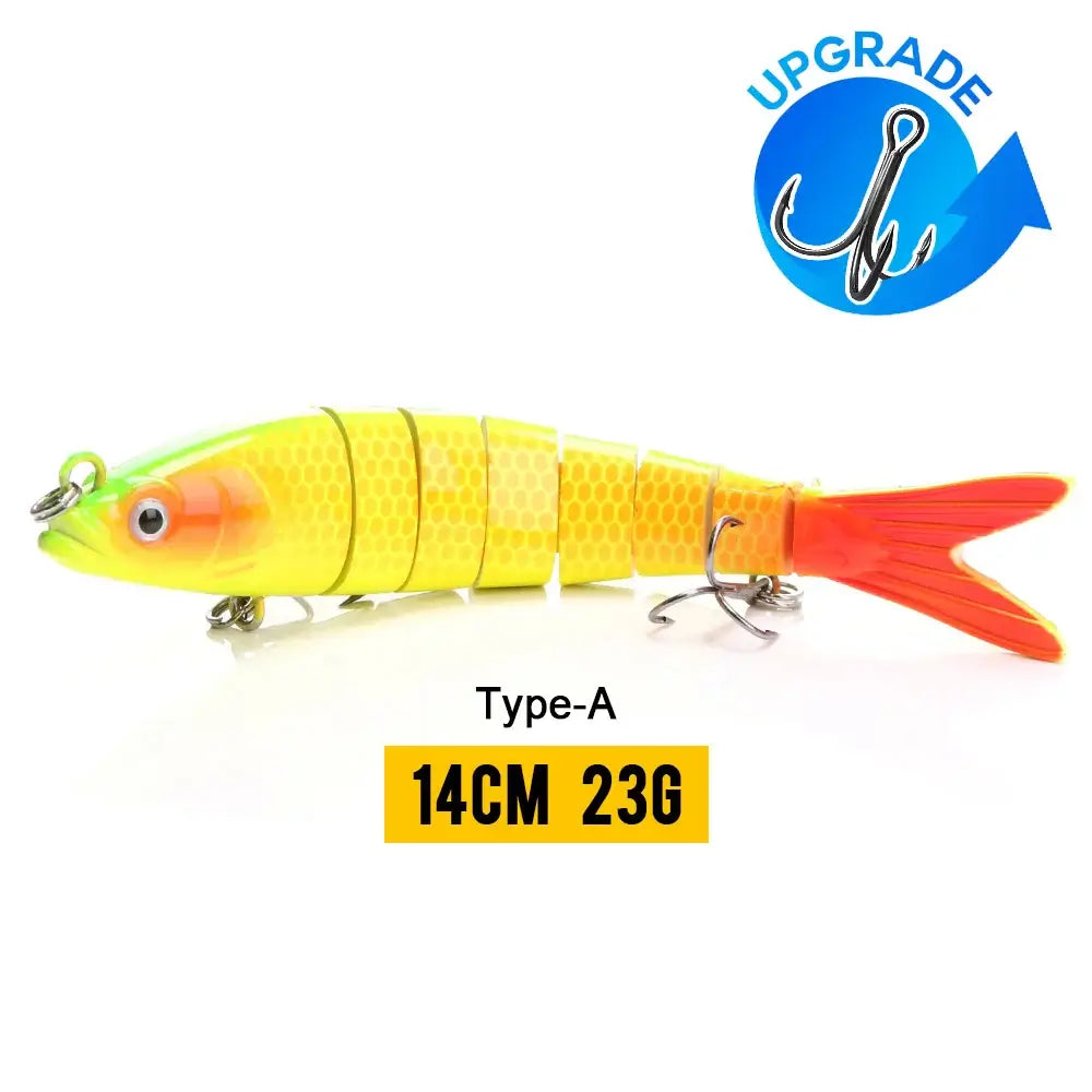 VTAVTA 14cm 23g jointed wobblers fishing lure, multi-segment design for lifelike swimming action, yellow-orange color.