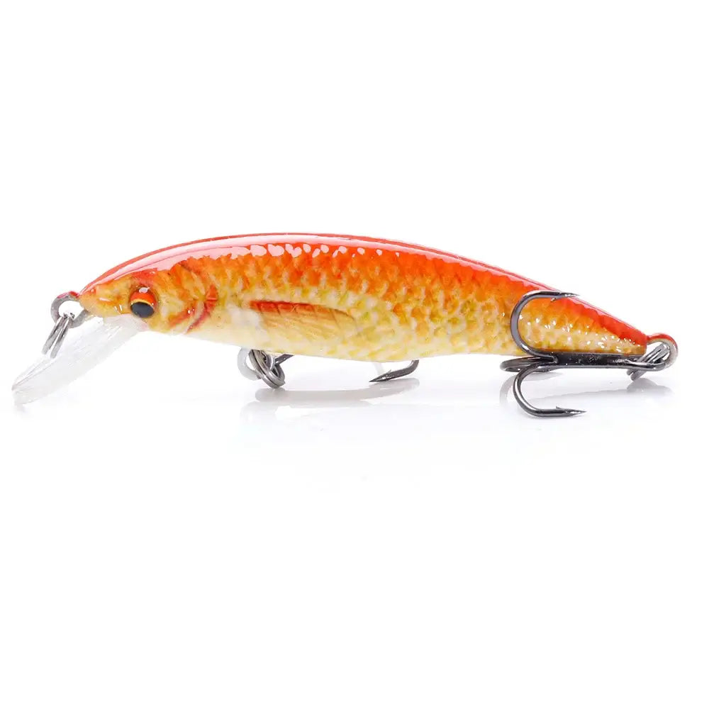 VTAVTA floating fishing lure in orange and yellow with treble hooks, ideal for various fishing positions.