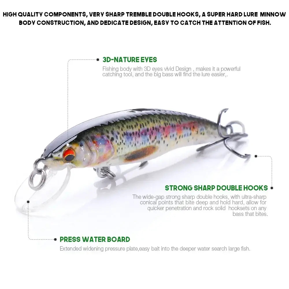 VTAVTA mini minnow wobblers with 3D eyes and sharp double hooks for fishing lures, designed for catching freshwater and saltwater fish.
