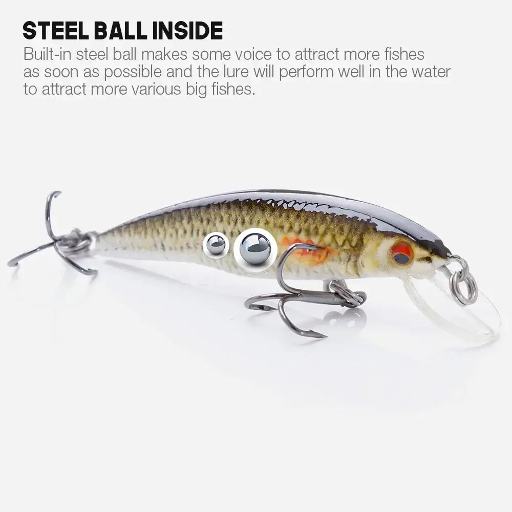 VTAVTA floating minnow wobbler lure with steel ball, designed to attract big fish in various water conditions.
