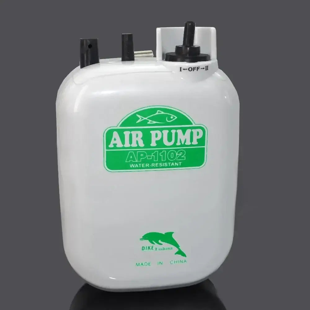 Water-resistant air pump for fishing and aquariums, model AP-1102, designed for efficient oxygenation.