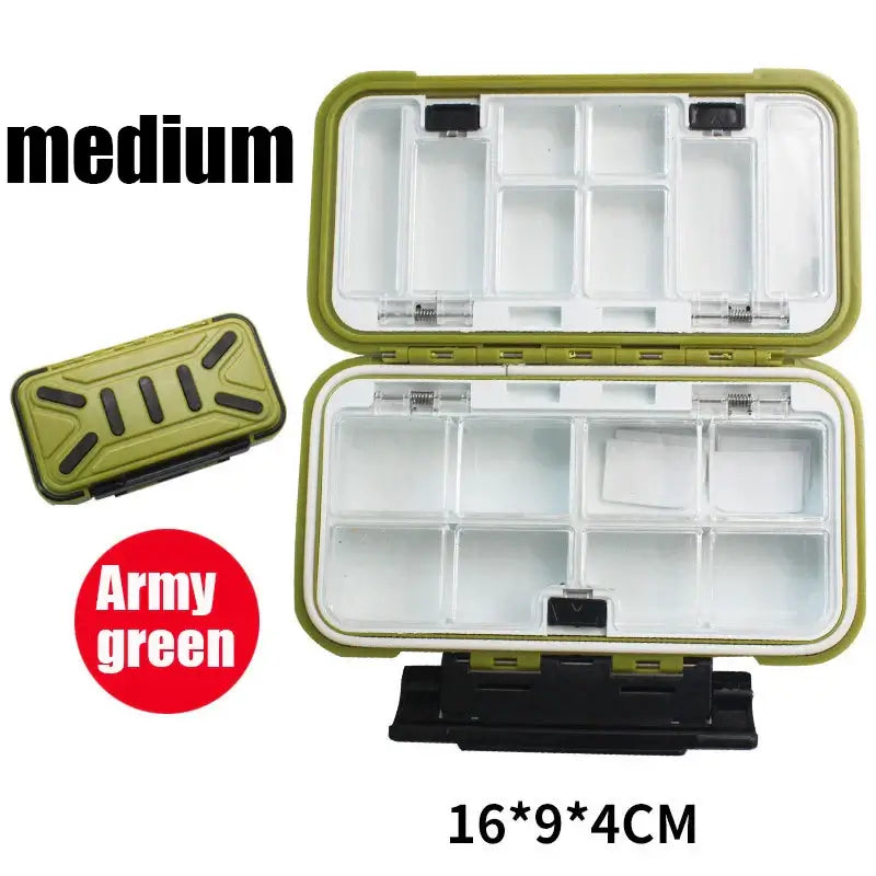 Waterproof double-sided fishing tackle box in army green with compartments for hooks and bait, measuring 16x9x4cm.