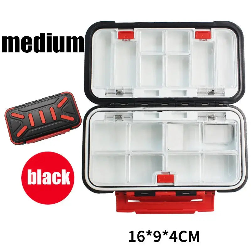 Black waterproof fishing tackle box with double-sided compartments for hooks and bait, medium size 16x9x4CM.