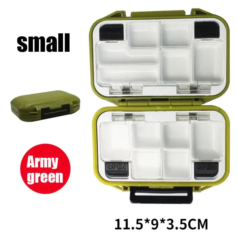 Waterproof fishing tackle box in army green, double-sided design with compartments for easy organization of gear.