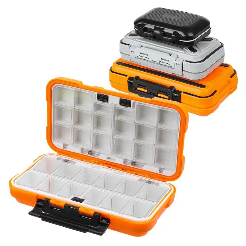 Waterproof double-sided fishing tackle box with multifunctional compartments for hooks and bait organization.