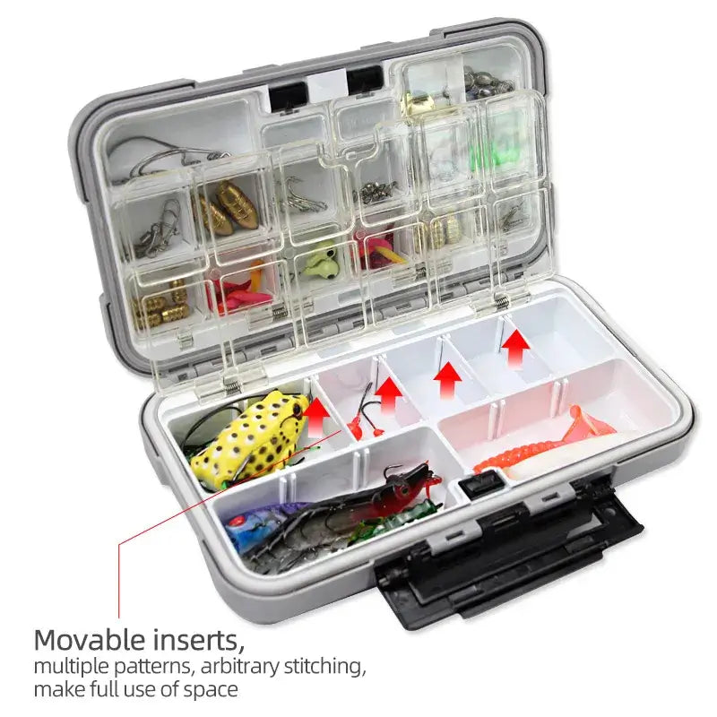 Double-sided waterproof fishing tackle box with movable inserts for organized storage of hooks and bait.