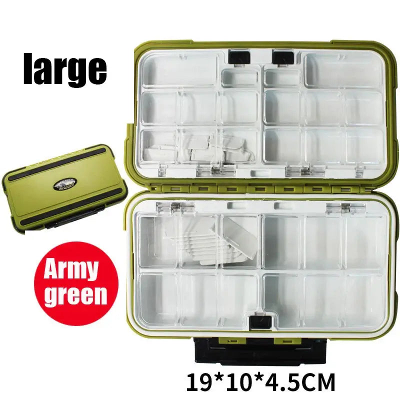 Large waterproof fishing tackle box in army green, double-sided compartments for hooks and bait organization.