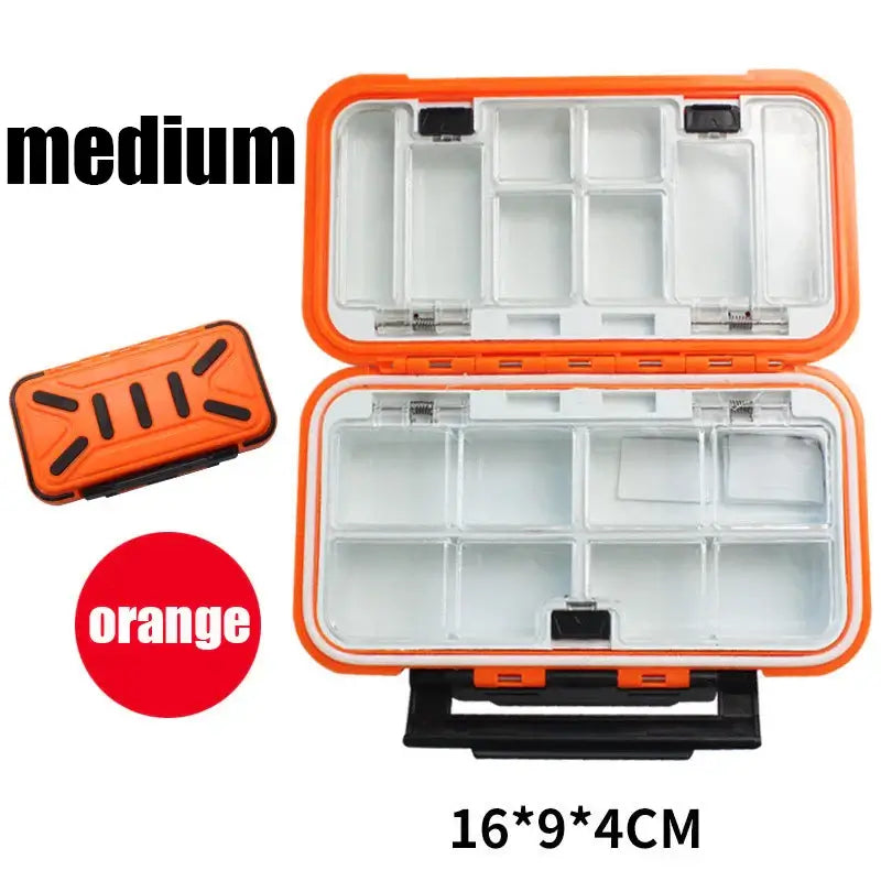 Waterproof orange fishing tackle box with double-sided design, compartments for hooks and bait, 16x9x4CM size.
