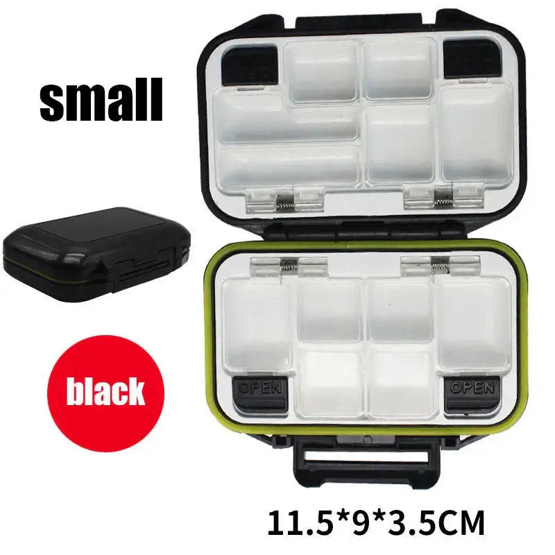 Small waterproof fishing tackle box with double-sided opening, black color, measuring 11.5x9x3.5CM.