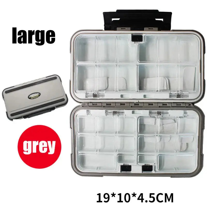 Large grey waterproof fishing tackle box open with compartments for hooks and bait, dimensions 19x10x4.5CM.