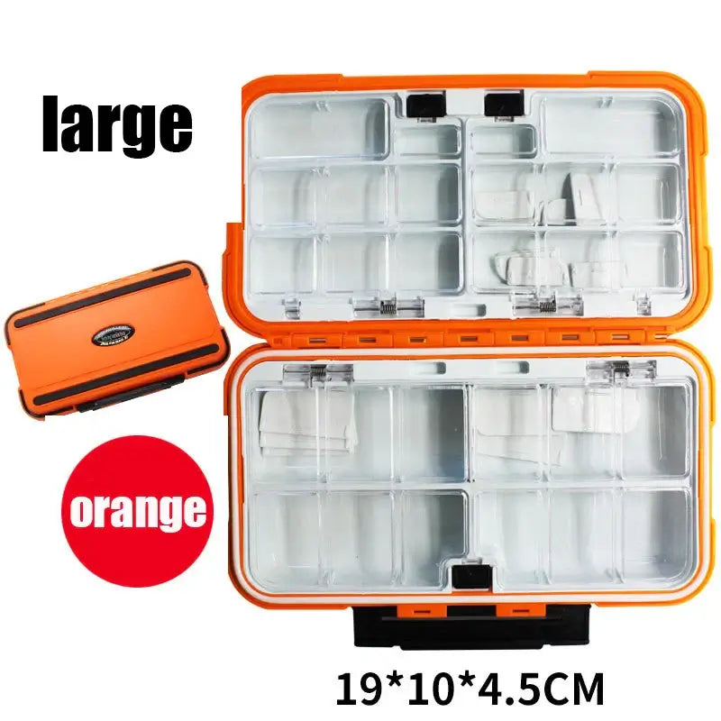Large orange waterproof fishing tackle box with double-sided compartments, ideal for organizing hooks and bait.