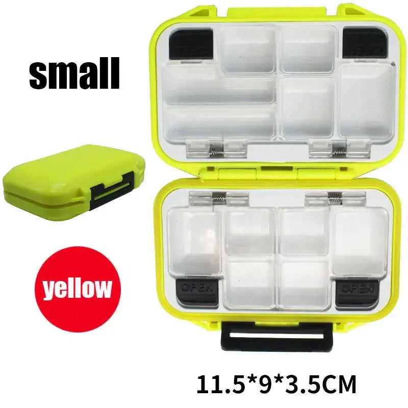 Waterproof yellow fishing tackle box with double-sided compartments for hooks and bait, 11.5x9x3.5CM size.