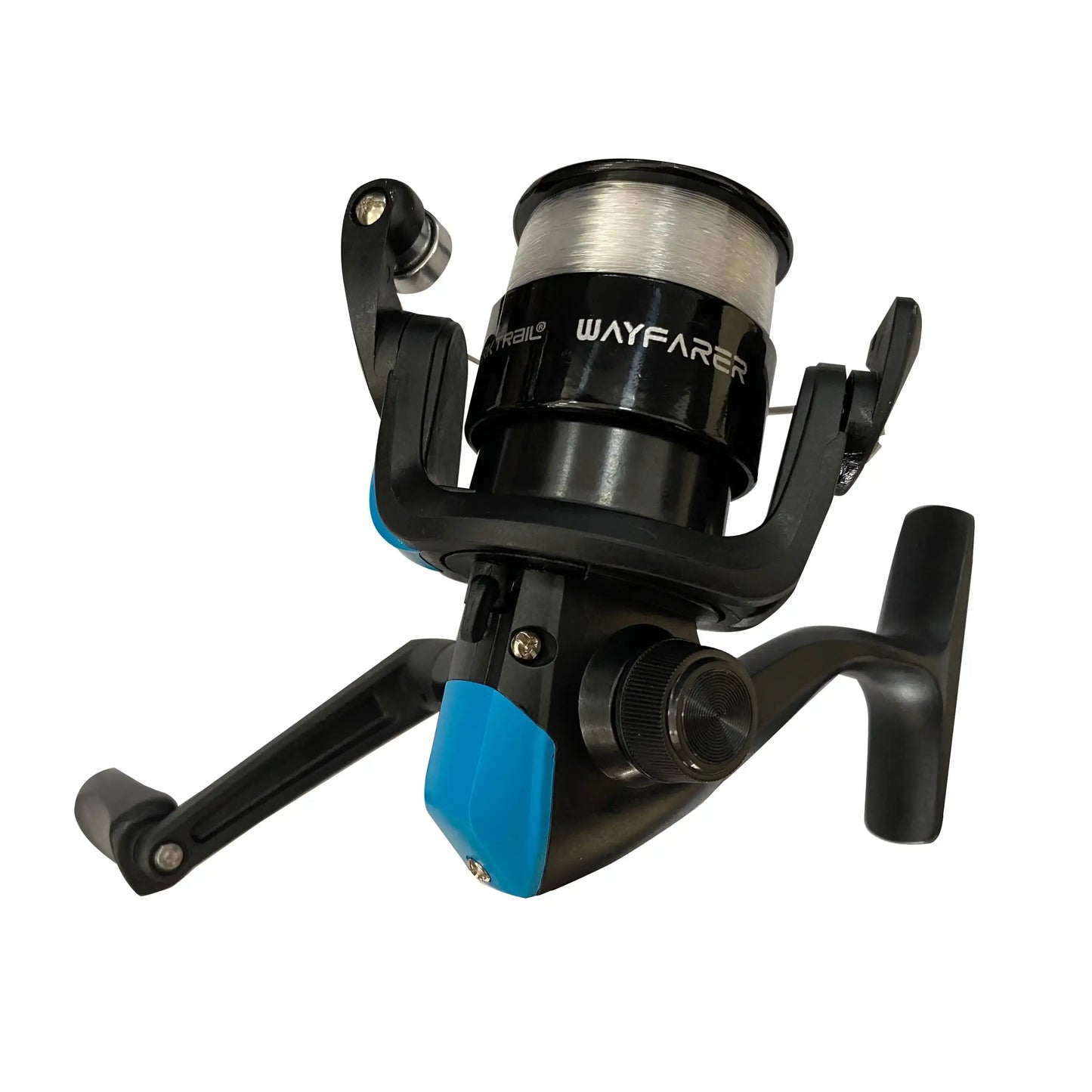 Wayfarer spinning fishing reel, precision-engineered with blue accents for professional-grade performance.