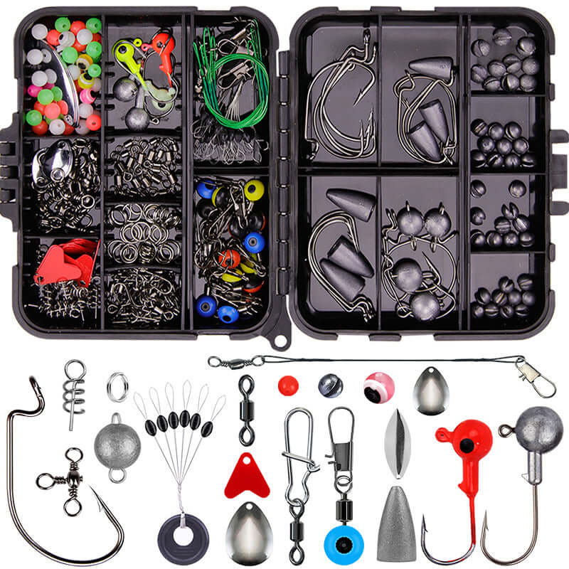 Weihe 257 pieces fishing accessories suit in a black box, including hooks, weights, and lures for various fishing types.