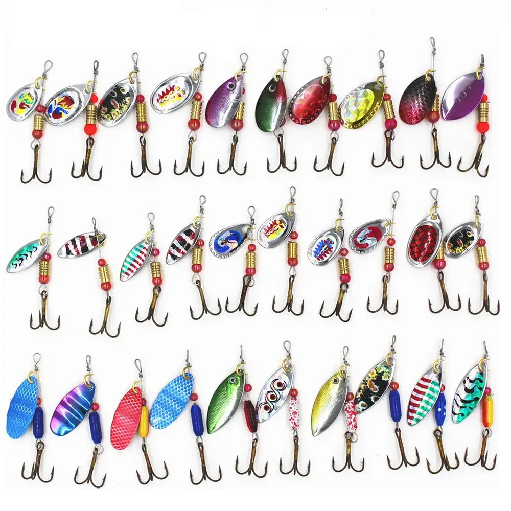 ZWICKE 30pcs Spinner Fishing Lure Kit showcasing a variety of metal sequin spoons and hard bait wobblers for effective fishing.