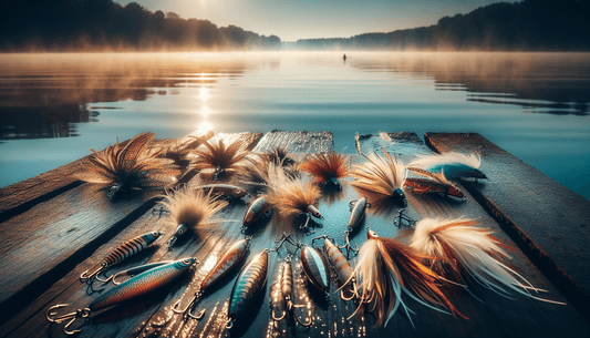A variety of colorful fishing lures displayed on a wooden dock by a serene lake at sunrise.
