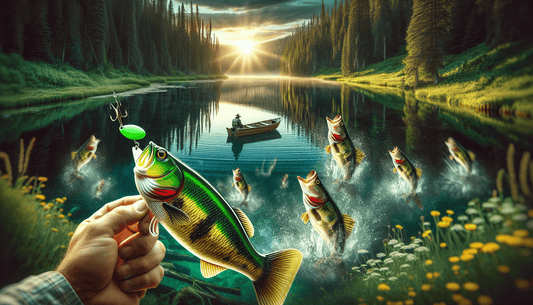 Person fishing with a lure as multiple fish jump out of a serene lake at sunset.