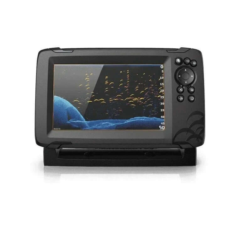 High-resolution fish finder display showcasing underwater fish and terrain, ideal for fishing enthusiasts.