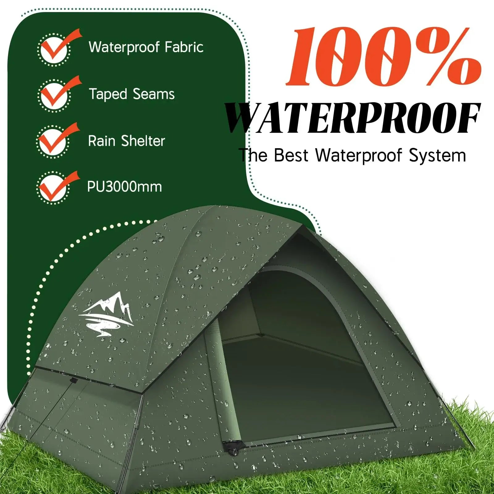 100% waterproof camping tent with taped seams and rain shelter, ideal for outdoor adventures.