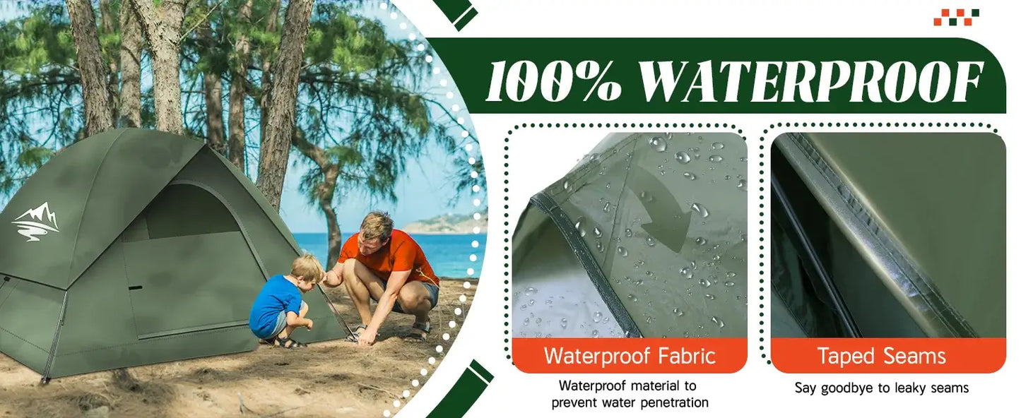 100% waterproof camping tent with waterproof fabric and taped seams, ensuring protection against rain and leaks.