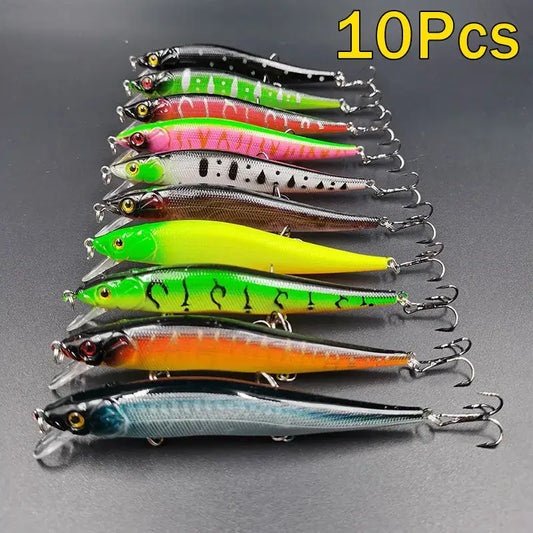 Colorful set of 10 fishing lures, 11.5cm long, featuring 3D eyes and treble hooks for effective bass and pike fishing.