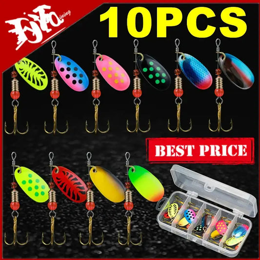 10PCS fishing lures set with colorful spinners in tackle box for pike and ocean fishing.