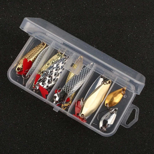 10Pcs Fishing Metal Spoon Lure Kit in transparent box with gold and silver baits, perfect for anglers.