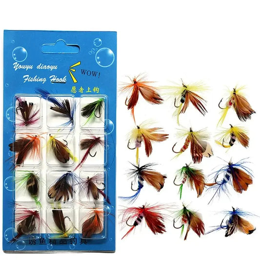 12pcs natural insect flies fishing lures set with colorful patterns on a blue packaging
