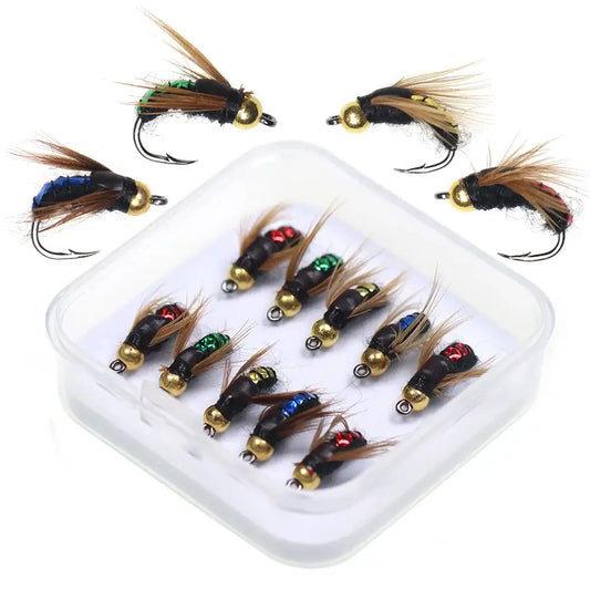 Set of 12 multi-color bead head nymph flies for trout fishing, presented in a clear storage box.