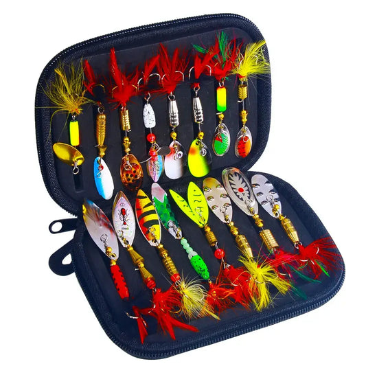 16PCS spinnerbait fishing lures set with metal spoons and feather treble hooks in a compact travel bag.