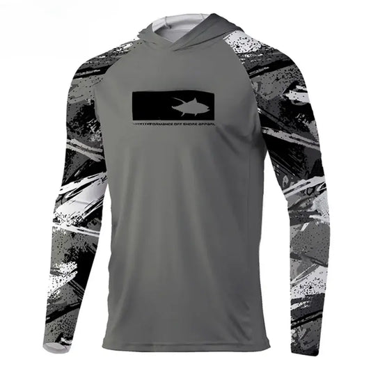 2023 Men's hooded fishing t-shirt with long sleeves, UV protection, and breathable mesh for outdoor anglers.