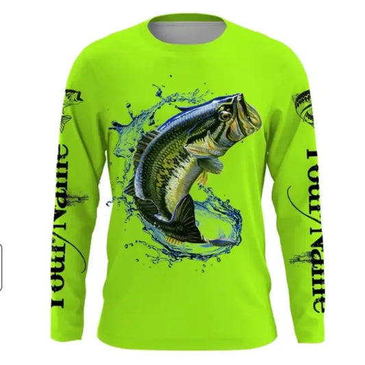 2025 men's fishing shirt with large fish print, bright green, long sleeves for sun protection and comfort during outdoor fishing.