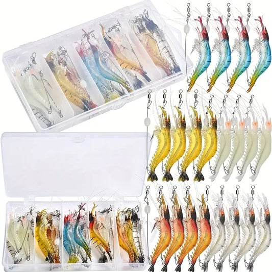 20pcs fishing lure set in clear box featuring luminous soft lures and sharp hooks for freshwater and saltwater fishing.