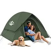 Couple enjoying camping inside 100% waterproof tent with dog, ideal for 3-4 people.