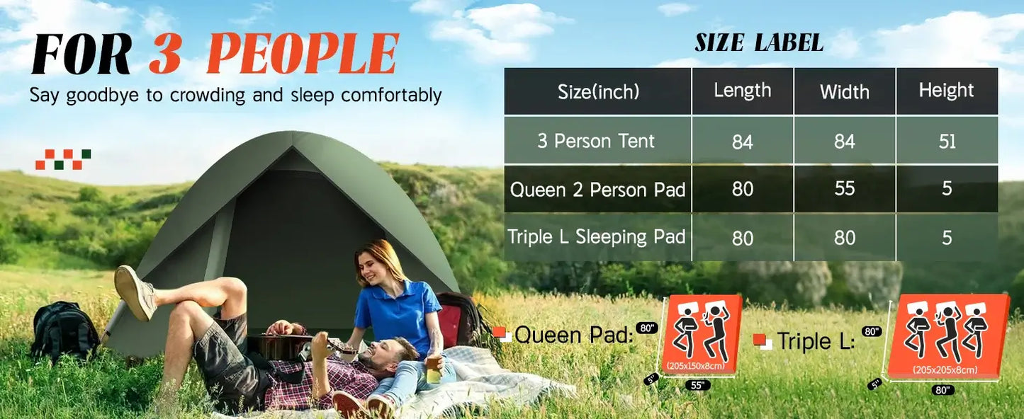Camping tent for 3 people with size labels, featuring a spacious design for comfort outdoors.