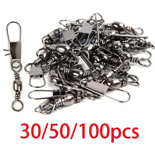 Professional fishing ball bearing swivels set of 30/50/100pcs for carp fishing, featuring durable interlock bait tool hooks.