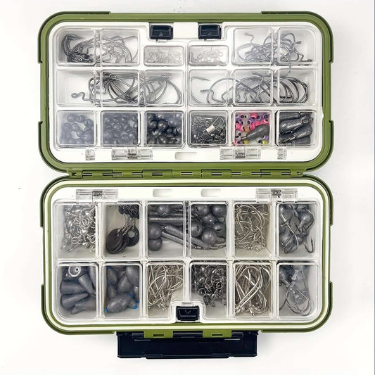 306-piece fishing accessories kit in tackle box, featuring hooks, sinkers, and jigs organized in compartments.