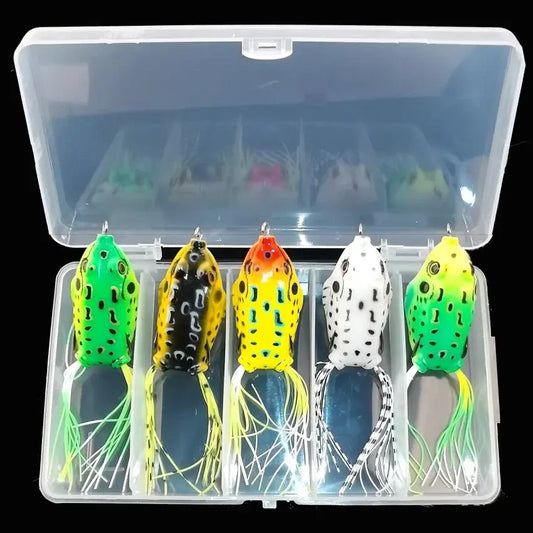 Set of 5 frog soft fishing lures in a clear storage box, designed for topwater fishing.