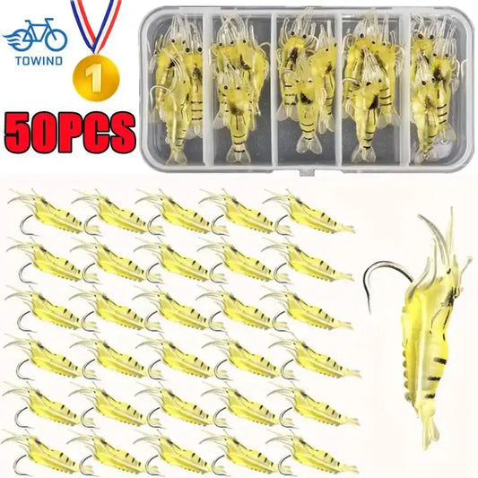 50PCS luminous shrimp silicone fishing bait set, featuring realistic soft prawns with hooks for effective carp fishing.