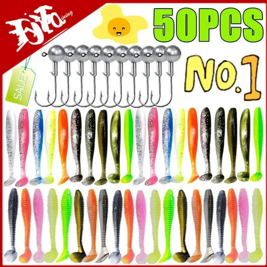 50PCS Silicone Fishing Lures Set featuring assorted colors and crank jig head hooks for various fishing environments.