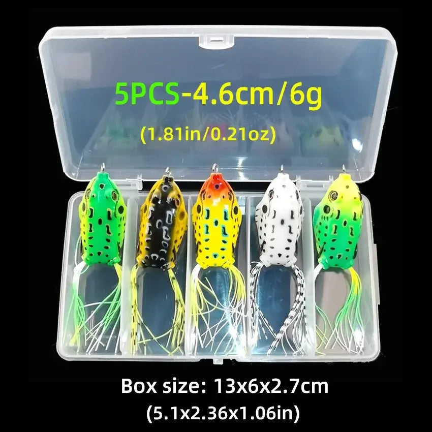 5PCS 4.6cm 6g frog soft lures in a clear tackle box, perfect for topwater fishing.