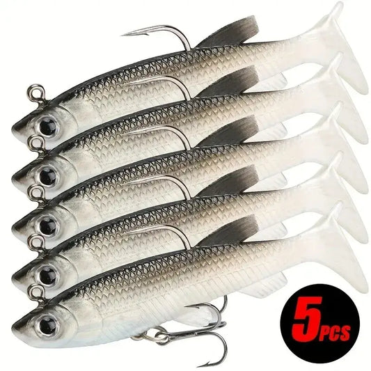 5pcs pre-rigged jig head paddle tail soft plastic swimbaits for bass trout walleye fishing.