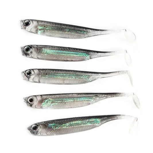5 pieces of T-tail soft bait fish lures in rainbow color for effective fishing, designed for water displacement and predatory response.