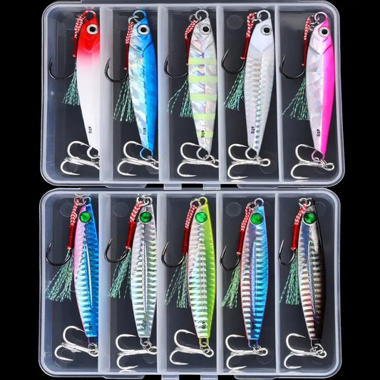 Set of 8 metal jig fishing lures in a storage box, featuring vibrant colors and hooks for bass and trout fishing.