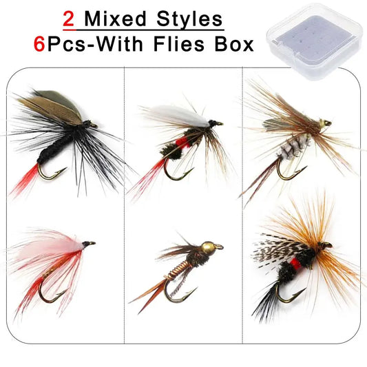 6Pcs mixed fly fishing lures displayed in a box featuring various styles designed for trout fishing.