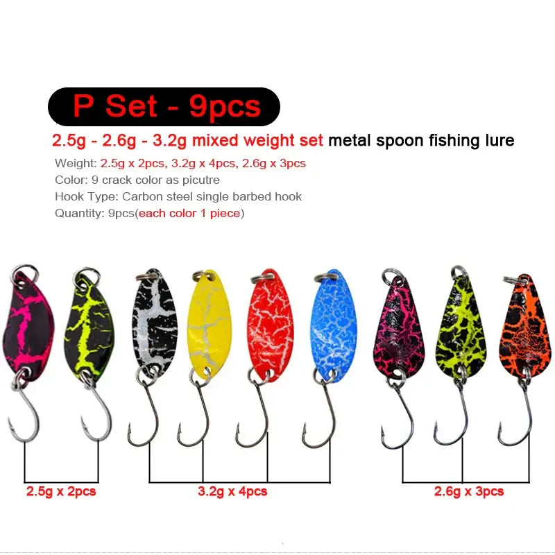 9pcs metal spoon fishing lures in mixed weights and colors for trout and chub fishing, 2.5g-3.2g, with barbed hooks.