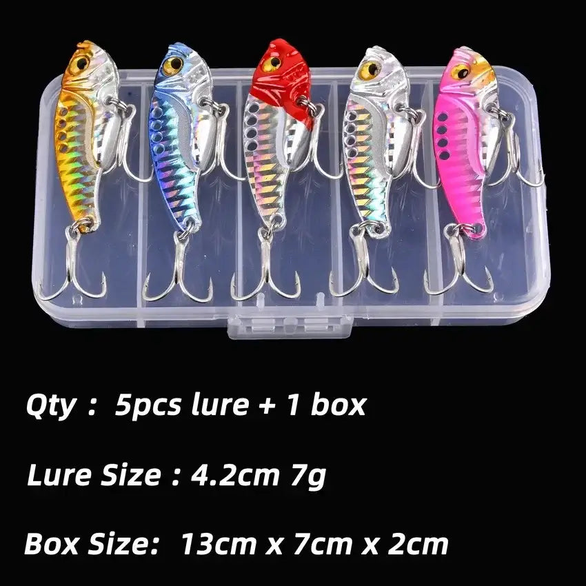 Aorace 5pcs metal fishing lures in box, featuring vibrant colors and hooks for effective ocean and river fishing.