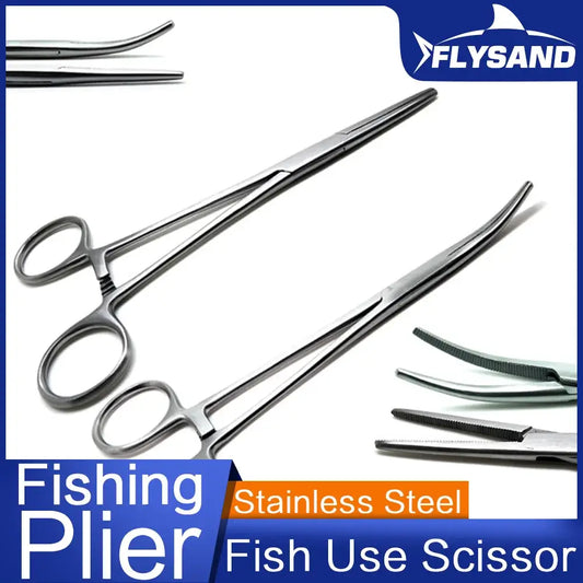 FLYSAND stainless steel fishing plier scissors for cutting lines and removing hooks, featuring curved tips for precision.